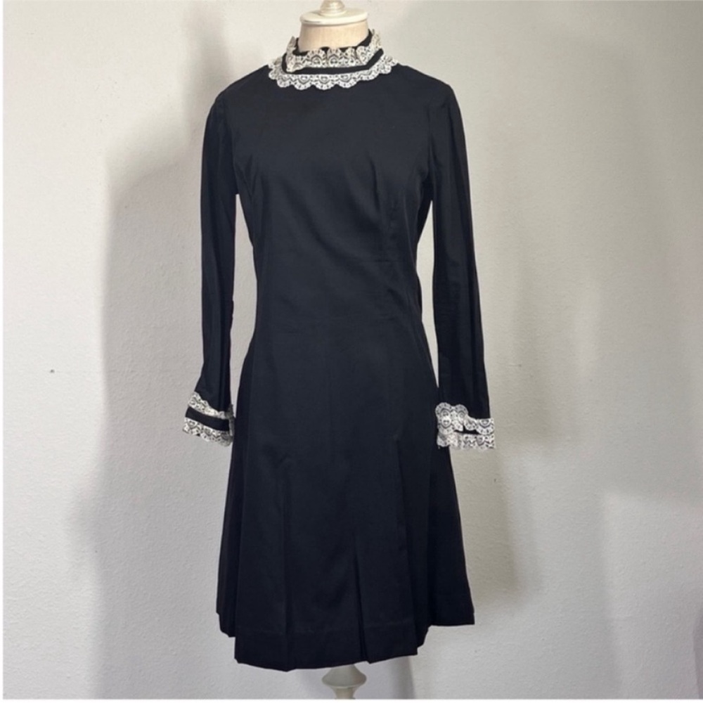 Vintage Victorian Long Sleeve Black Dress Lace cuffs and neckline